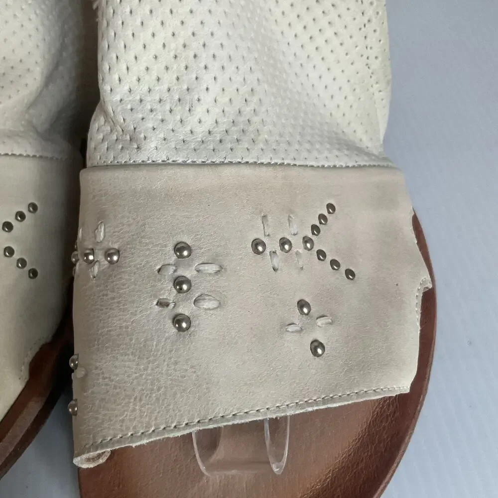 Miz Mooz Fifi Wide Leather Sandals Linen EU 39 US 8.5 Studded Ankle Strap
